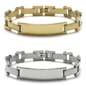 CLASSIC 8" LINKED SINGLE BAR STAINLESS STEEL BRACELET WITH ENGRAVABLE PLATE.